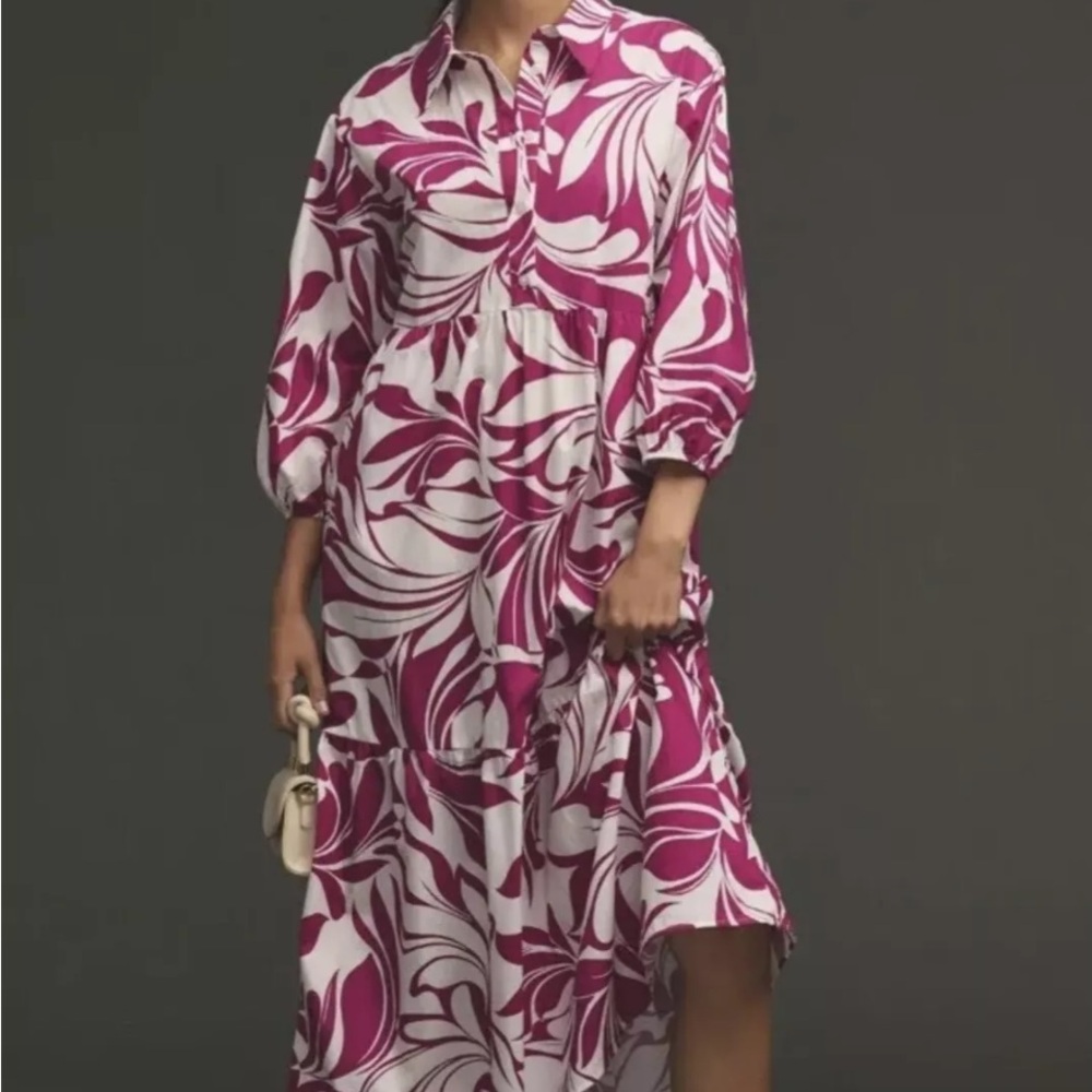 Anthropologie White and Magenta Printed Midi Dress